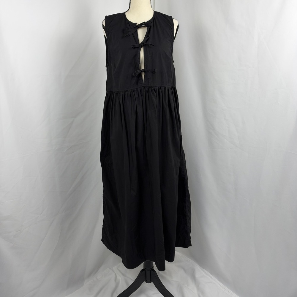 Ganni Organic Cotton Black Tie Front Midi Dress Women 38 (Approx. US 6)